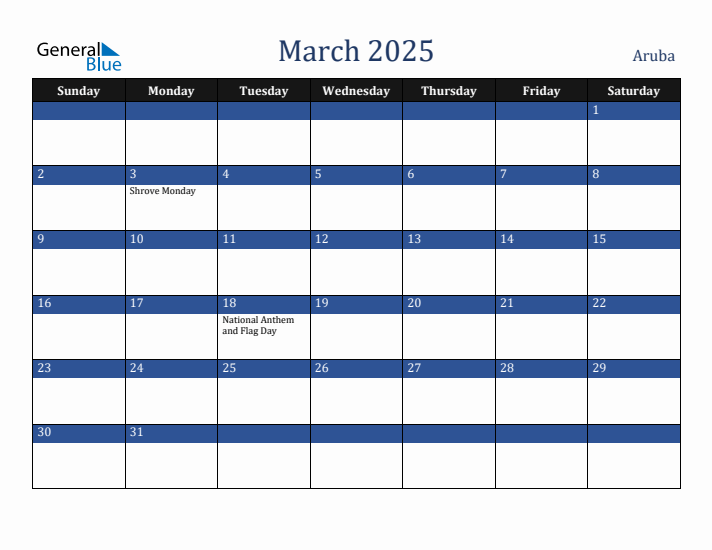 March 2025 Aruba Calendar (Sunday Start)