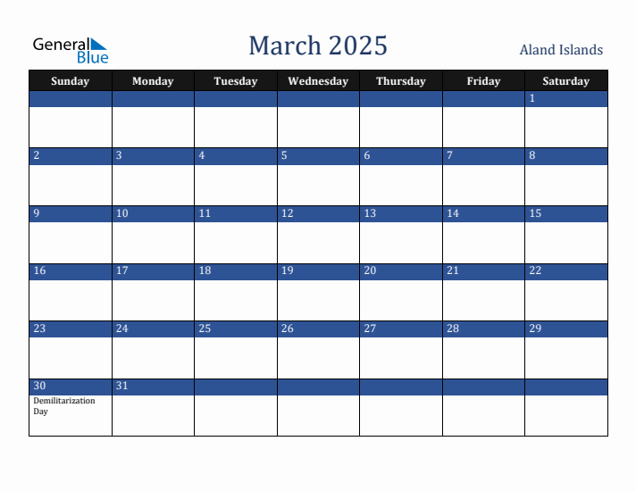 March 2025 Aland Islands Calendar (Sunday Start)