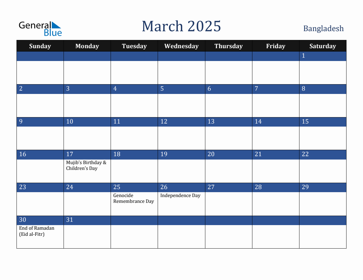 March 2025 Bangladesh Holiday Calendar