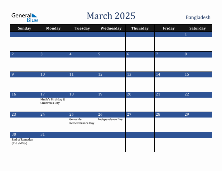 March 2025 Bangladesh Calendar (Sunday Start)