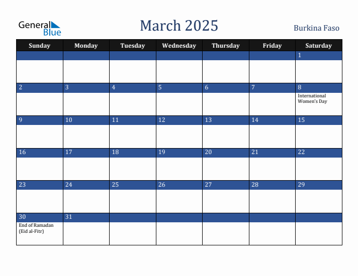 March 2025 Burkina Faso Calendar (Sunday Start)