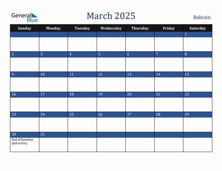 March 2025 Bahrain Calendar (Sunday Start)