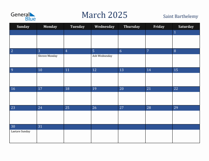 March 2025 Saint Barthelemy Calendar (Sunday Start)