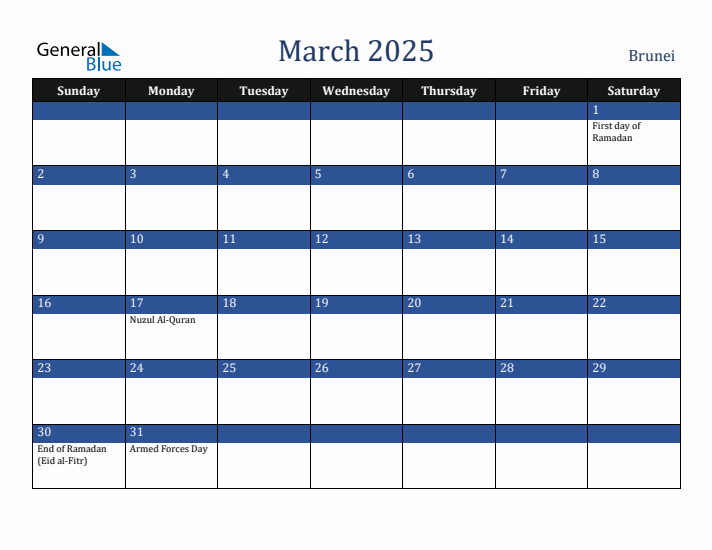 March 2025 Brunei Calendar (Sunday Start)