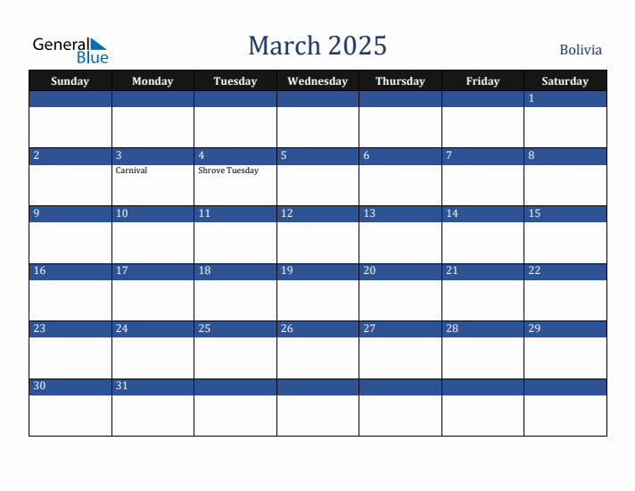 March 2025 Bolivia Calendar (Sunday Start)