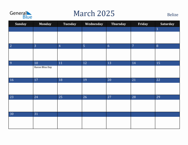 March 2025 Belize Calendar (Sunday Start)