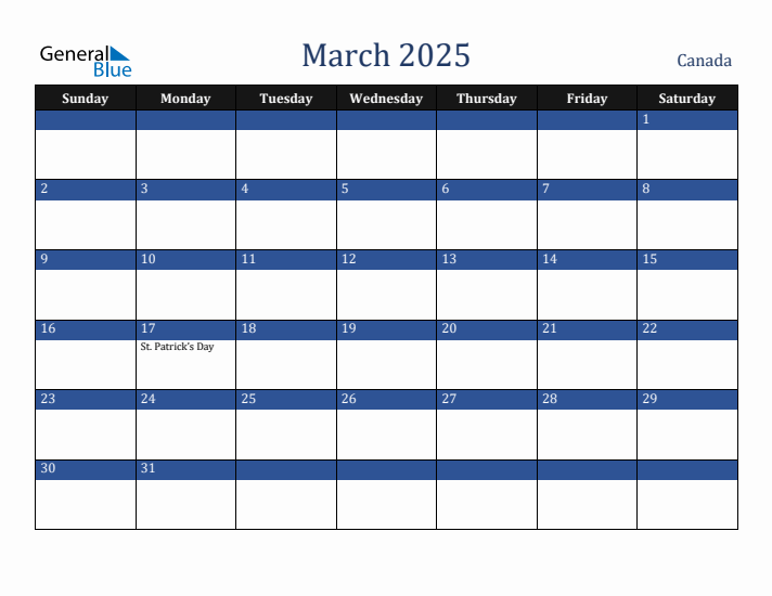 March 2025 Monthly Calendar with Canada Holidays