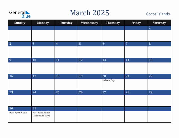 March 2025 Cocos Islands Calendar (Sunday Start)