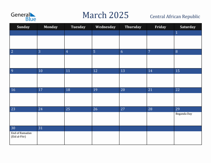 March 2025 Central African Republic Calendar (Sunday Start)