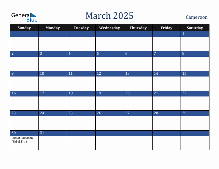 March 2025 Cameroon Calendar (Sunday Start)