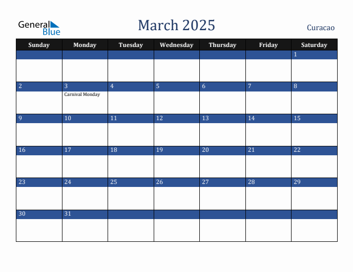 March 2025 Curacao Calendar (Sunday Start)