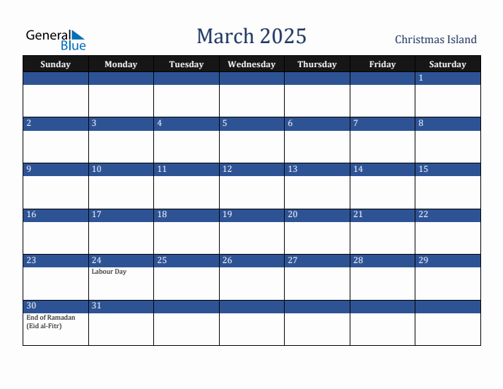 March 2025 Christmas Island Calendar (Sunday Start)