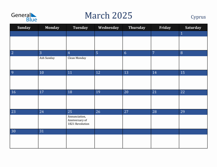March 2025 Cyprus Calendar (Sunday Start)