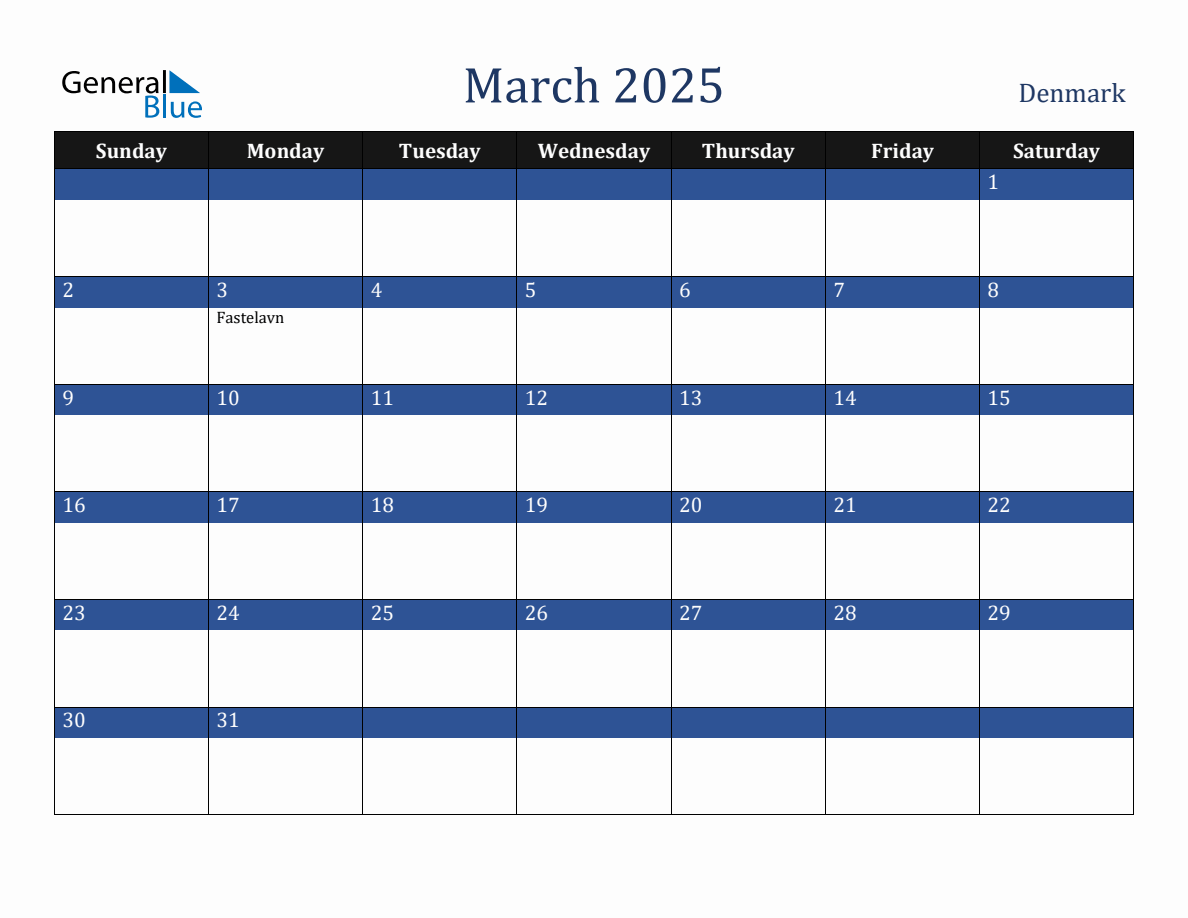 March 2025 Denmark Holiday Calendar