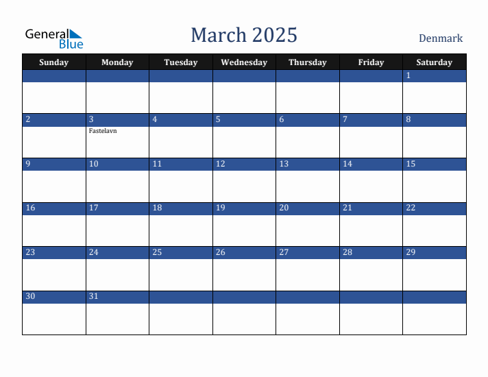 March 2025 Denmark Calendar (Sunday Start)