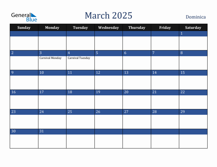 March 2025 Dominica Calendar (Sunday Start)
