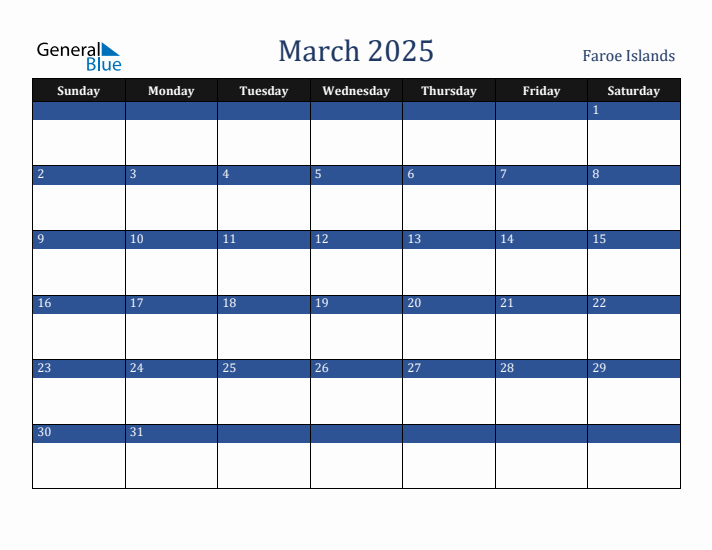 March 2025 Faroe Islands Calendar (Sunday Start)