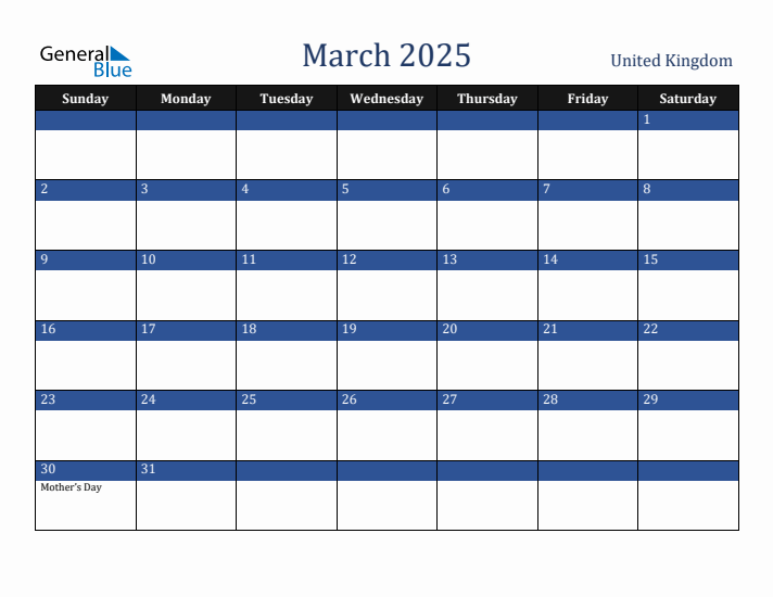 March 2025 United Kingdom Calendar (Sunday Start)