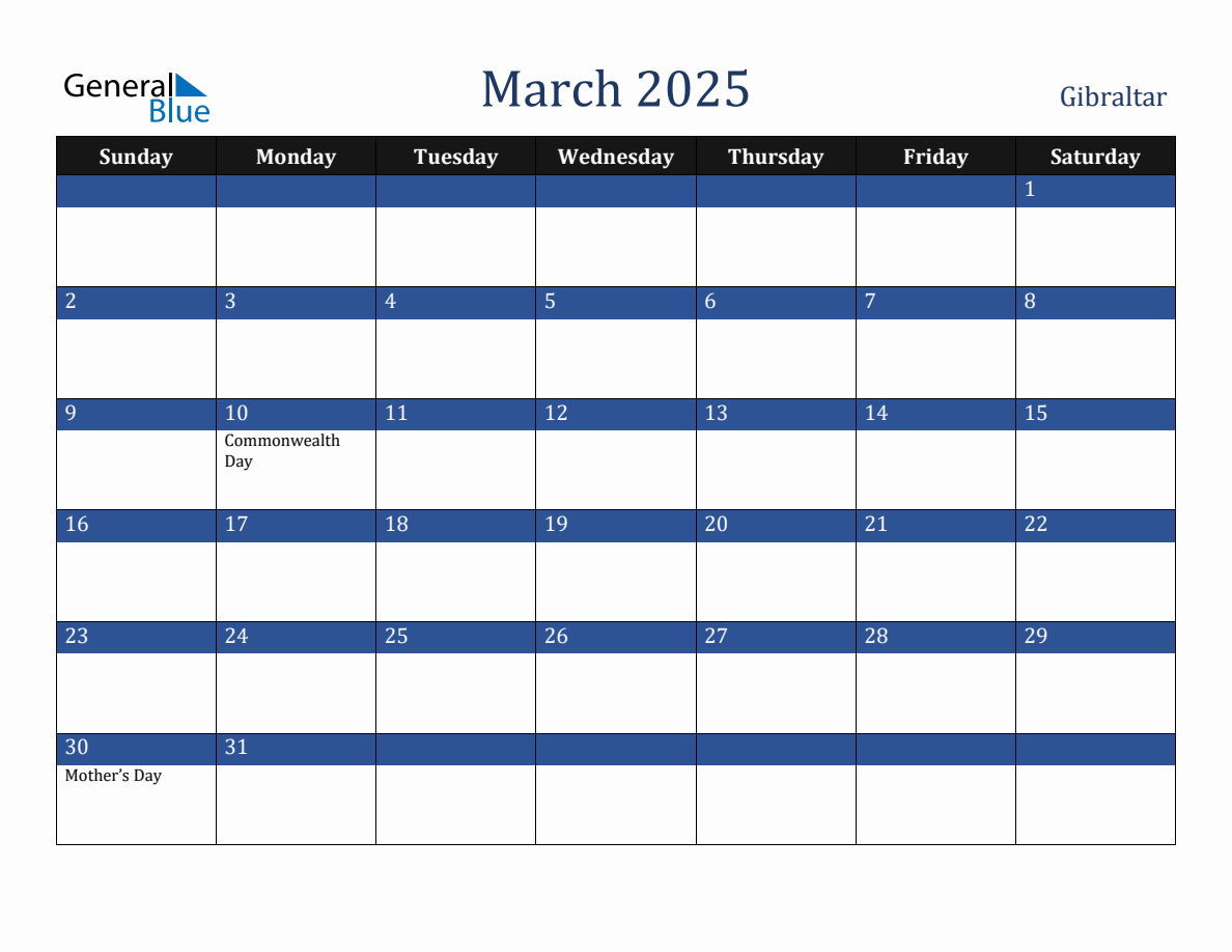 March 2025 Gibraltar Holiday Calendar