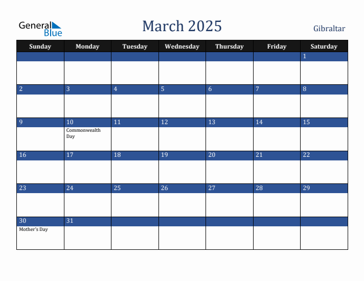 March 2025 Gibraltar Calendar (Sunday Start)