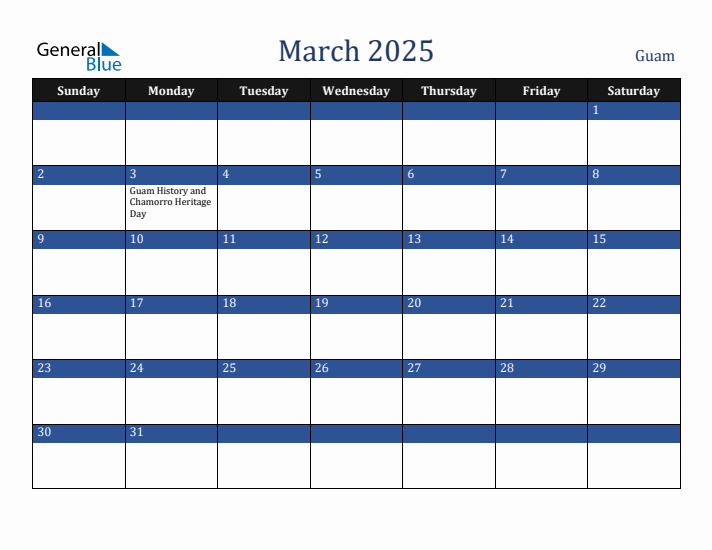 March 2025 Guam Calendar (Sunday Start)
