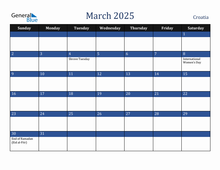 March 2025 Croatia Calendar (Sunday Start)