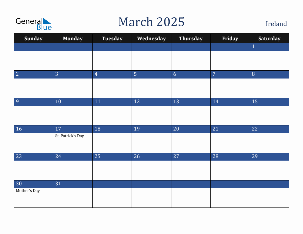 March 2025 Ireland Holiday Calendar