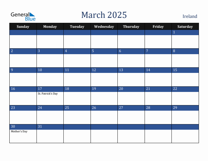 March 2025 Ireland Calendar (Sunday Start)