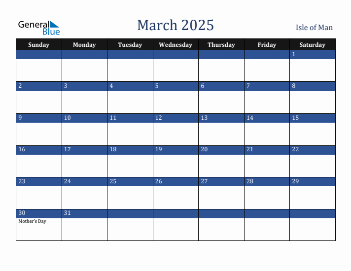 March 2025 Isle of Man Calendar (Sunday Start)