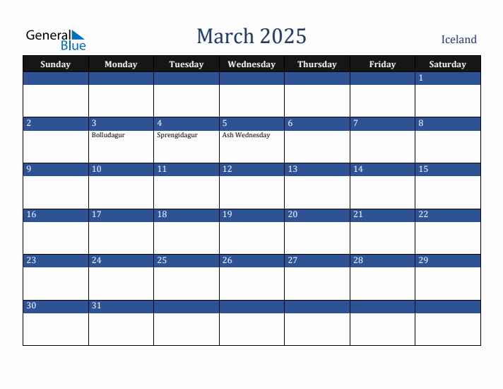 March 2025 Iceland Calendar (Sunday Start)