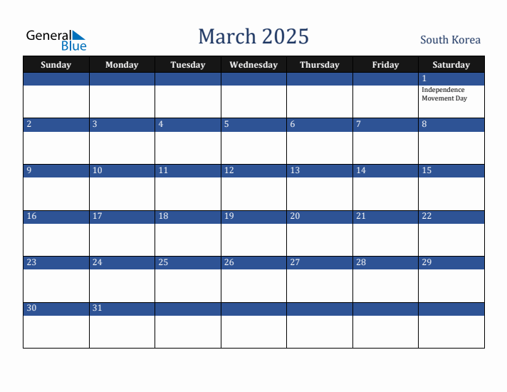 March 2025 South Korea Calendar (Sunday Start)