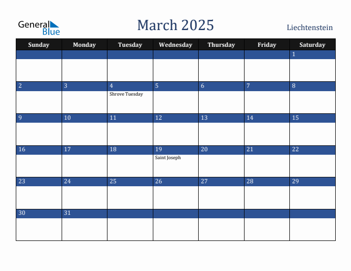 March 2025 Liechtenstein Calendar (Sunday Start)