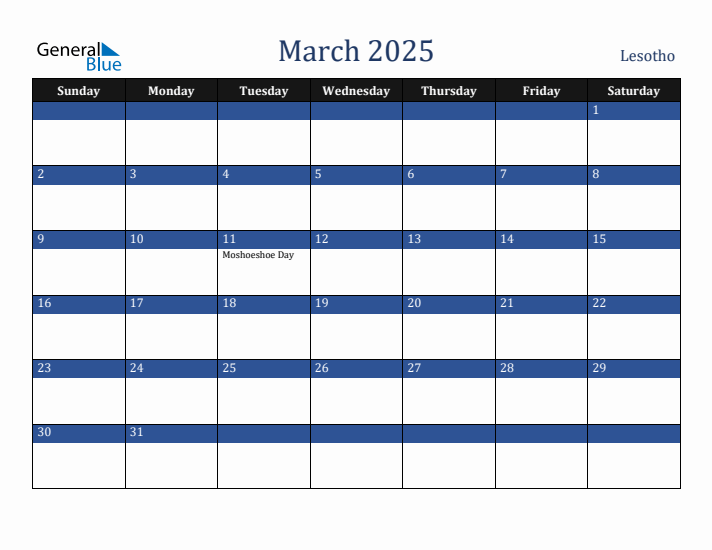 March 2025 Lesotho Calendar (Sunday Start)
