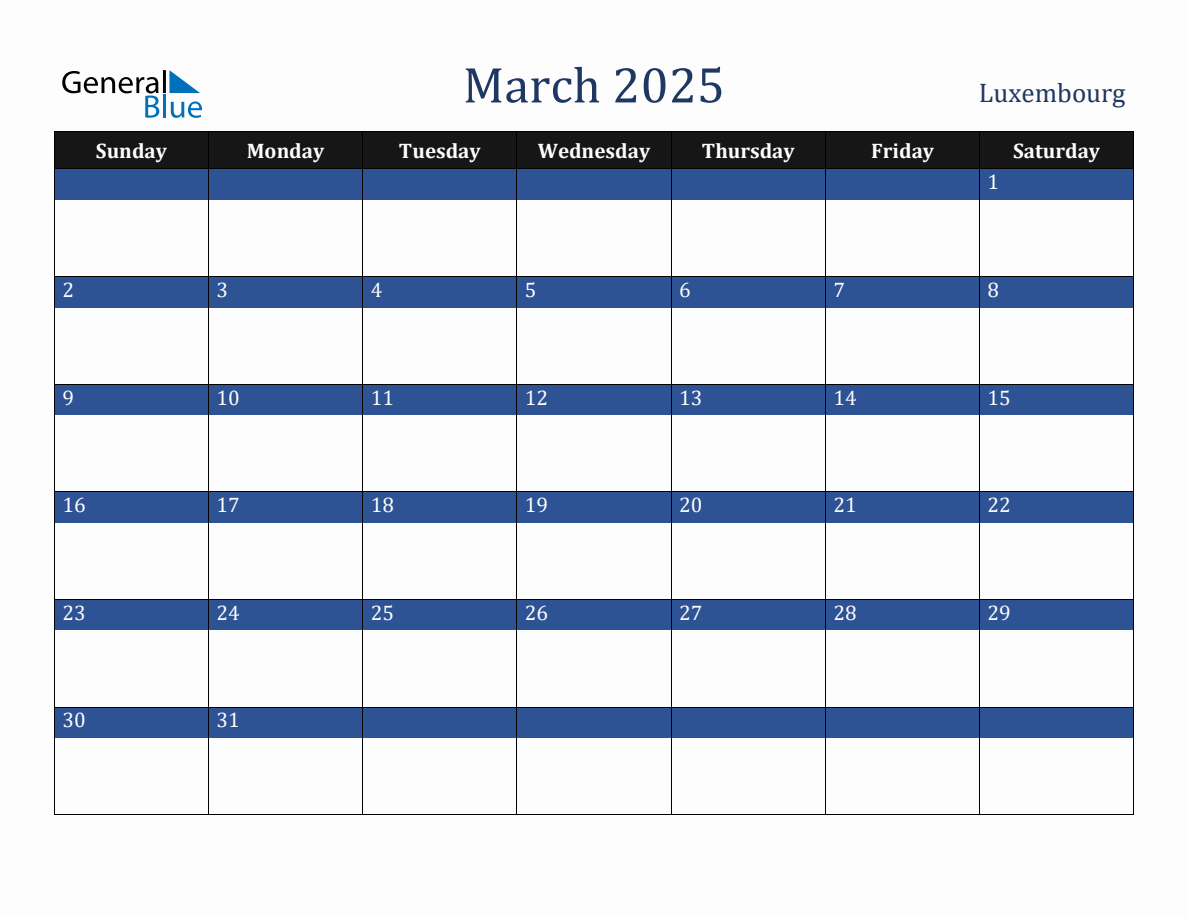 March 2025 Luxembourg Holiday Calendar