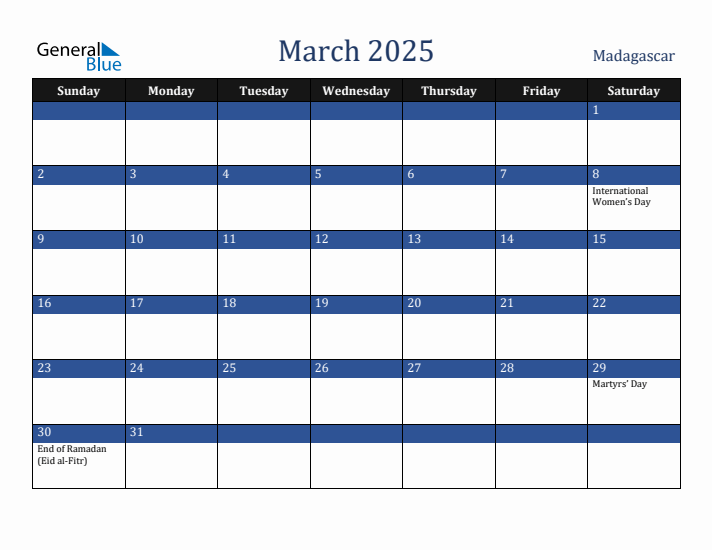 March 2025 Madagascar Calendar (Sunday Start)