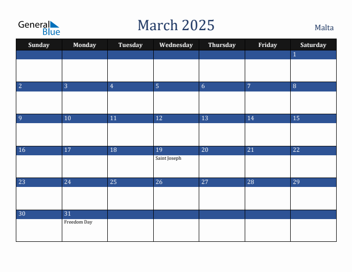 March 2025 Malta Calendar (Sunday Start)