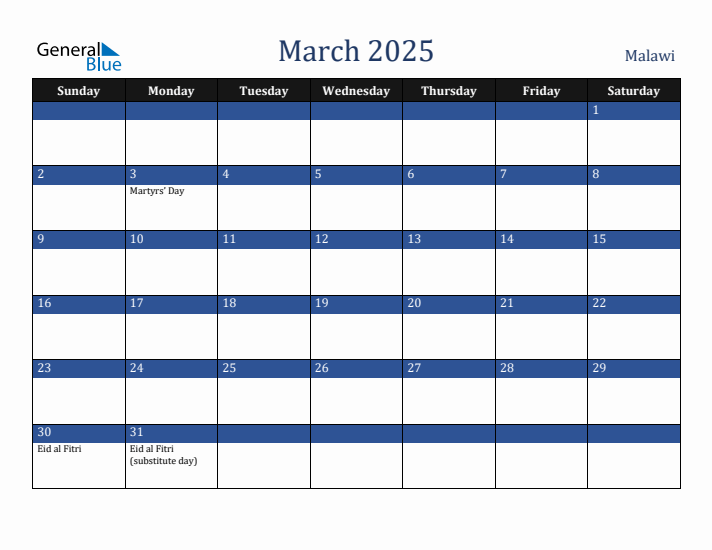 March 2025 Malawi Calendar (Sunday Start)