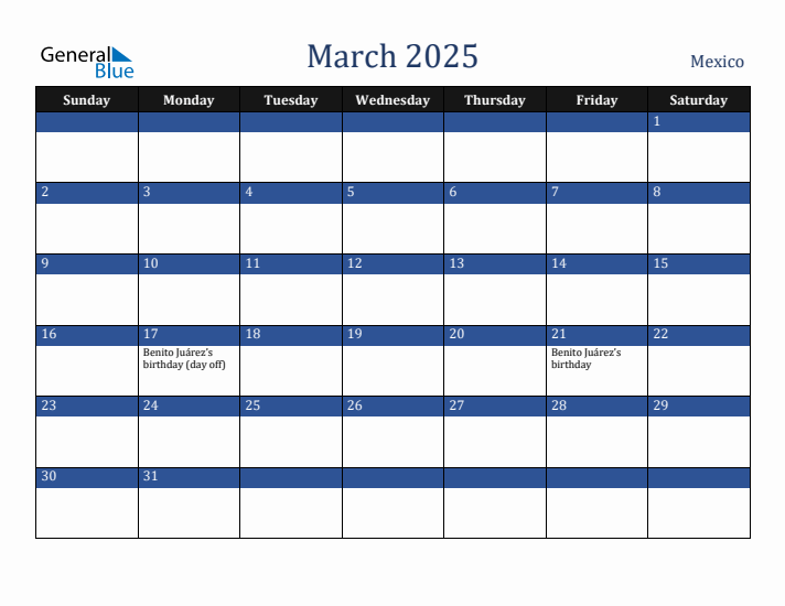 March 2025 Mexico Calendar (Sunday Start)