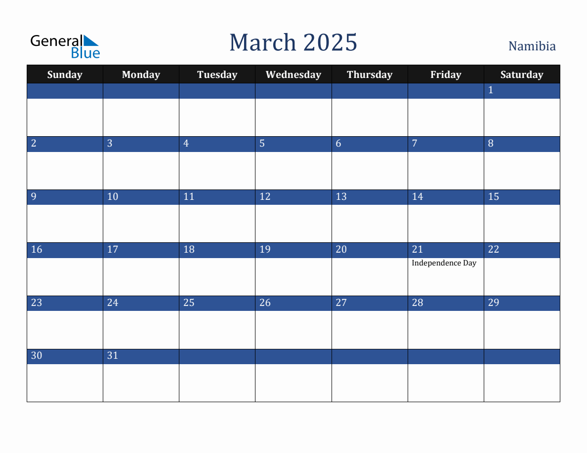 March 2025 Namibia Holiday Calendar