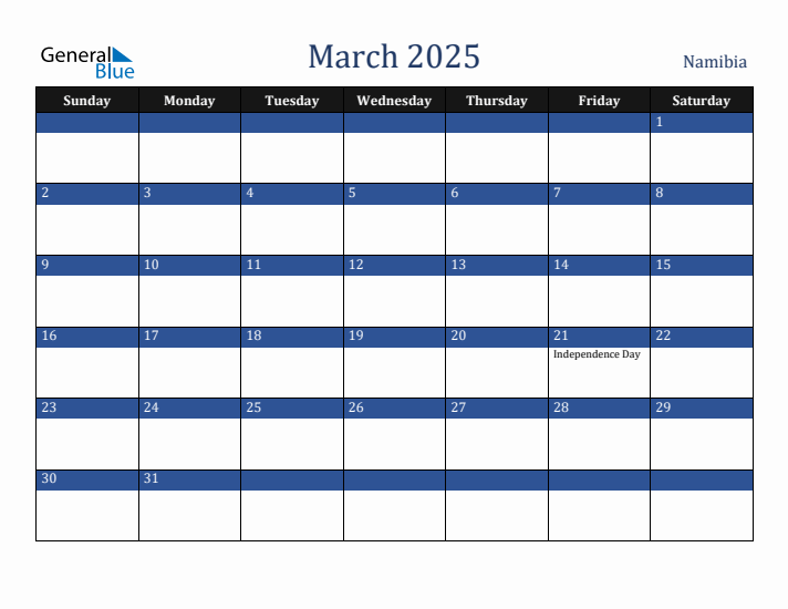 March 2025 Namibia Calendar (Sunday Start)
