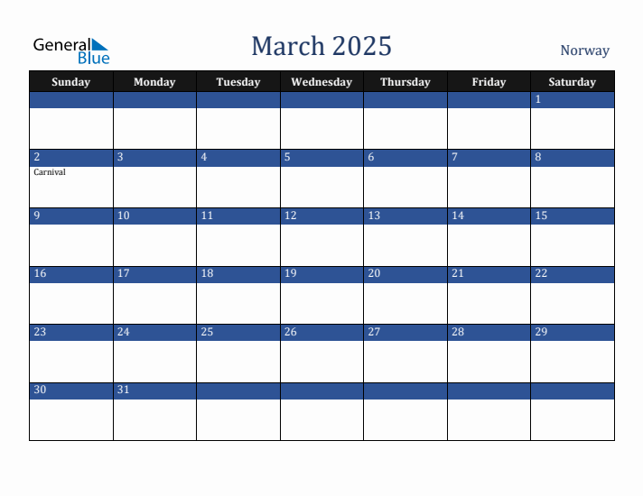 March 2025 Norway Calendar (Sunday Start)