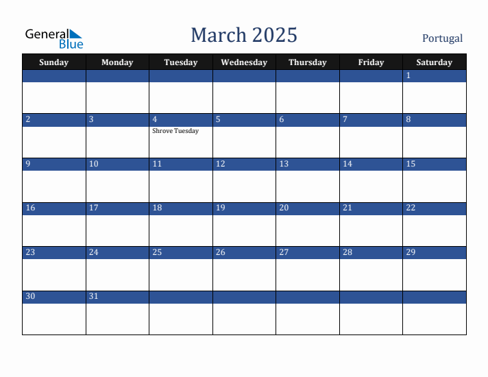 March 2025 Portugal Calendar (Sunday Start)