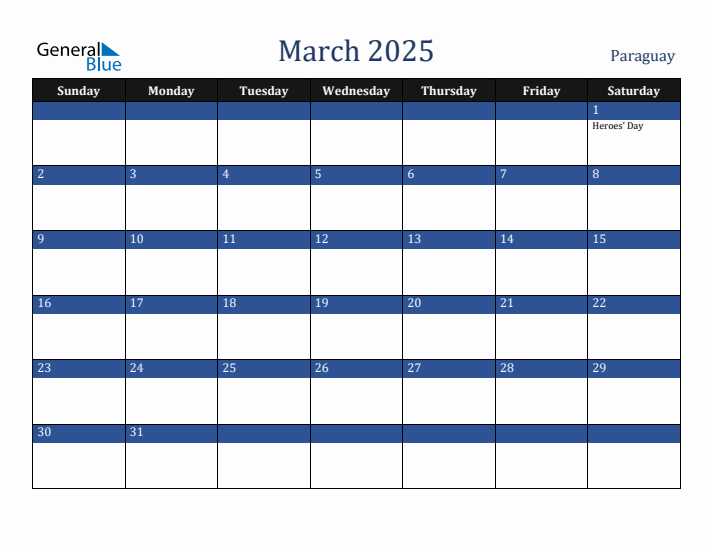March 2025 Paraguay Calendar (Sunday Start)