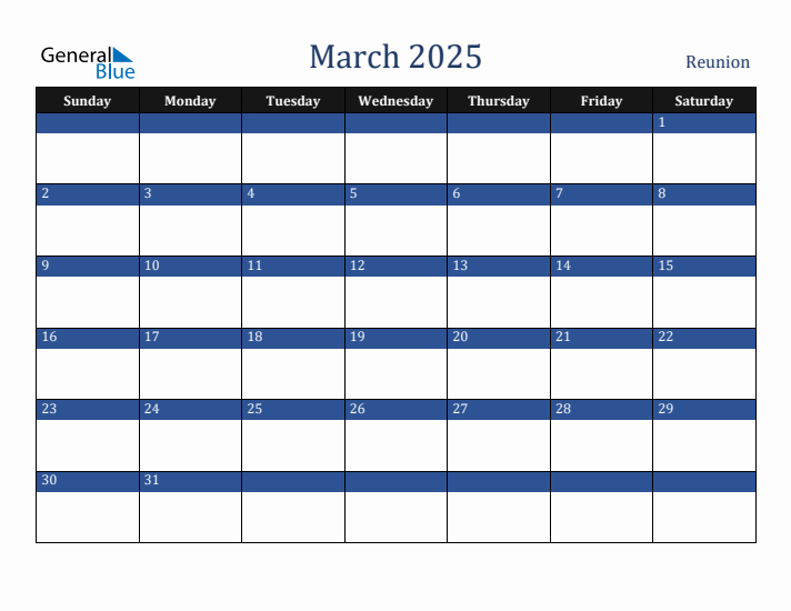 March 2025 Reunion Calendar (Sunday Start)