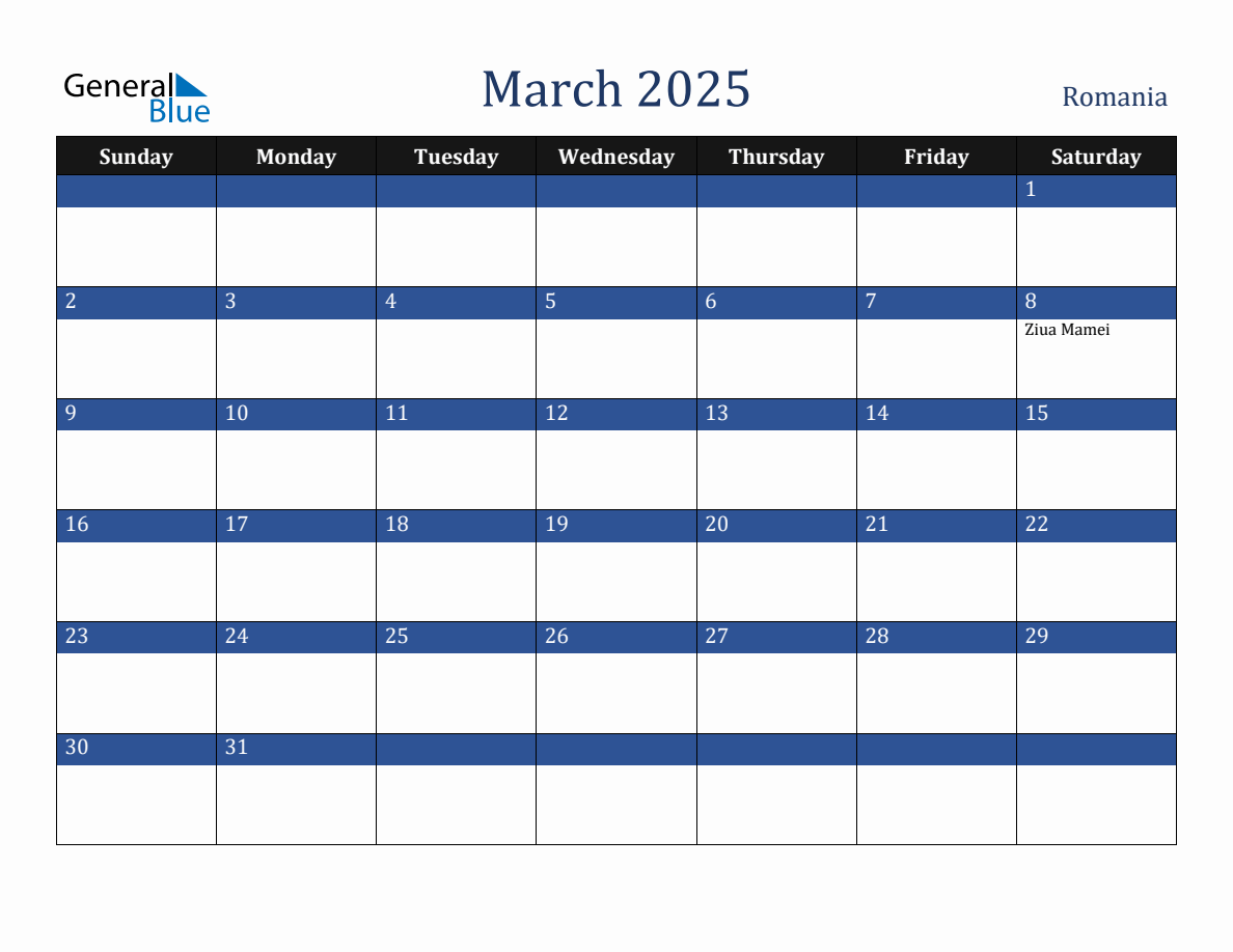 March 2025 Romania Holiday Calendar