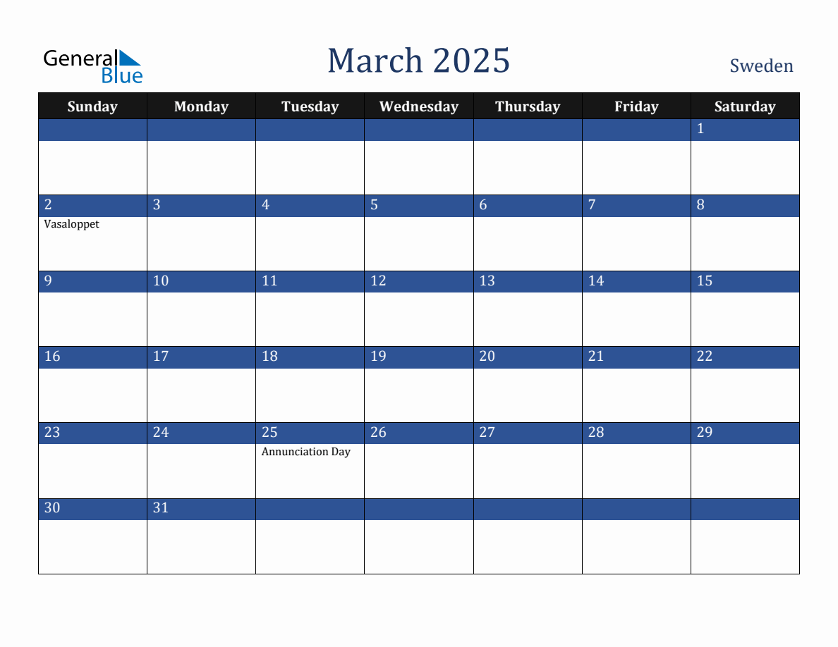 March 2025 Sweden Holiday Calendar