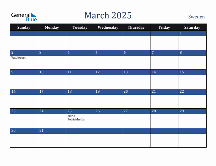 March 2025 Sweden Calendar (Sunday Start)