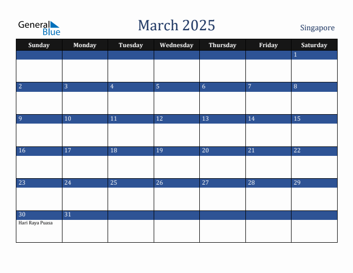 March 2025 Monthly Calendar with Singapore Holidays