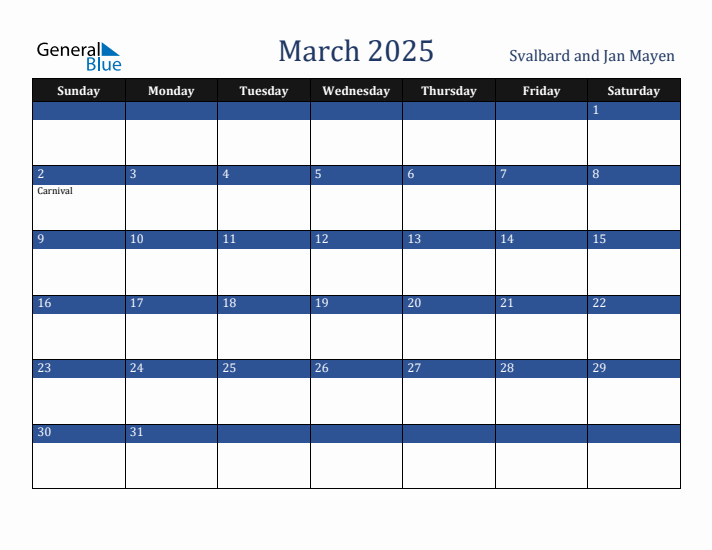 March 2025 Svalbard and Jan Mayen Calendar (Sunday Start)