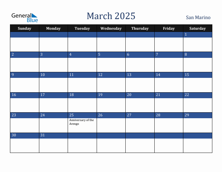 March 2025 San Marino Calendar (Sunday Start)
